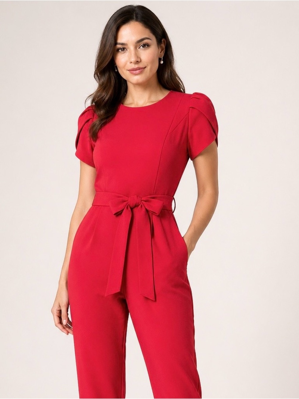 CALVIN KLEIN Jumpsuit Cropped Tulip Sleeve Belted Round Neck Pockets Back Zip - Picture 4 of 14